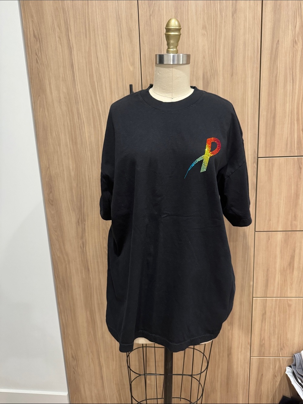 Black Short Sleeve Tee with Rainbow crystal rhinestones 'P' Accent